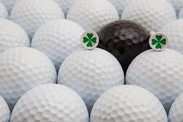 Image showing White and black golf balls and wooden tees