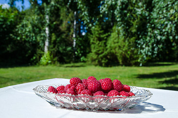 Image showing Raspberries in a glass bowl