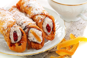 Image showing Cannoli with fresh ricotta and candied fruit.