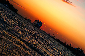 Image showing Venice Italy sunset with cruise boat