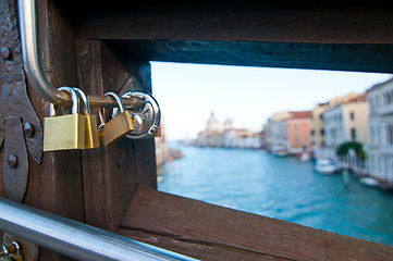 Image showing Venice Italy love lockers on Accademia bridge