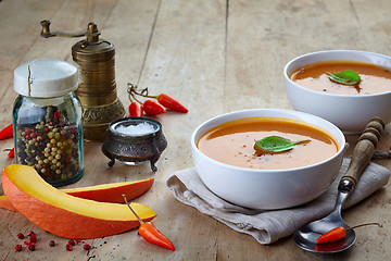 Image showing Two bowls of squash soup