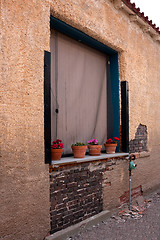 Image showing Flower pots with pink storksbills outside a vintage window