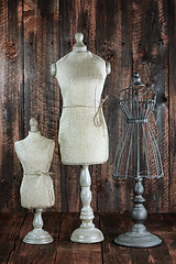 Image showing Antique Mannequin Busts on Wood Grunge Background