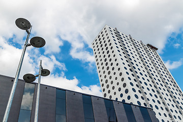 Image showing Modern buildings and street lights