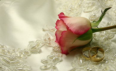 Image showing roses and rings on a bridal gown