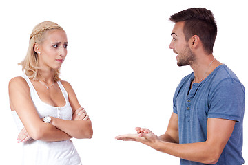 Image showing young attractive couple conflict angry problem isolated