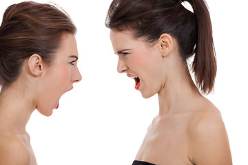 Image showing two young girls angry shouting loud isolated