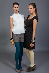 Image showing two beutiful brunette girls in casual fashion and accessory 