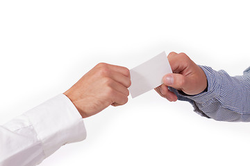 Image showing hands and business card closeup isolated 