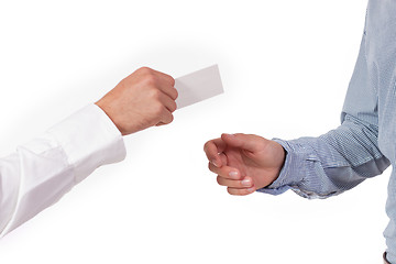 Image showing hands and business card closeup isolated 