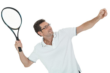 Image showing smiling adult tennis player with racket isolated