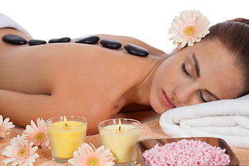 Image showing attractive healthy caucasian woman hot stone massage wellness 