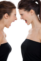 Image showing two young girls angry shouting loud isolated