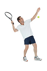 Image showing smiling adult tennis player with racket isolated