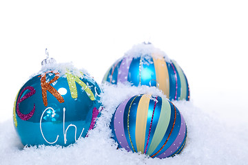 Image showing christmas decoration baubles in blue and turquoise isolated