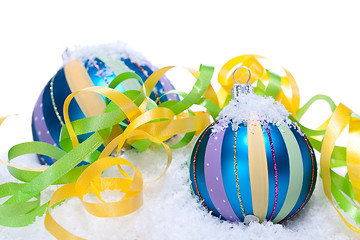 Image showing christmas decoration baubles in blue and turquoise isolated