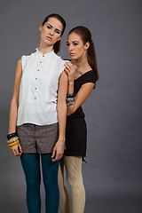 Image showing two beutiful brunette girls in casual fashion and accessory 