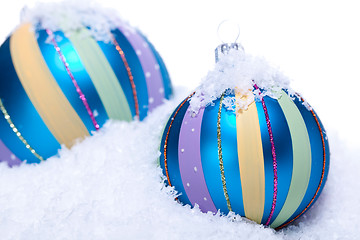 Image showing christmas decoration baubles in blue and turquoise isolated