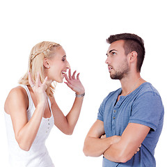 Image showing young attractive couple conflict angry problem isolated