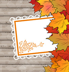 Image showing Autumn card with leaves maple, wooden texture