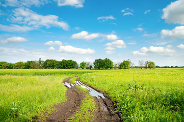 Image showing rural road with puddle in green field