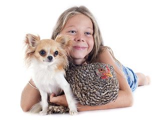 Image showing child, dog and chicken