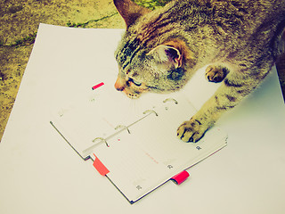 Image showing Retro look Cat reading notekeeper