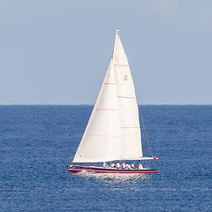 Image showing Small sailboat sailing on sea