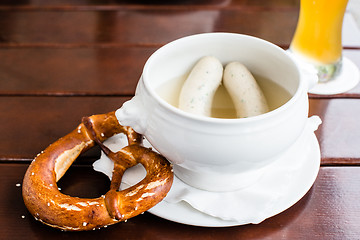 Image showing Bavarian Weisswurst, Pretzel and Beer