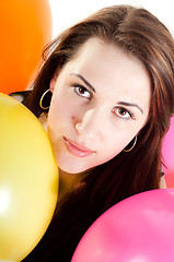 Image showing Beautiful woman with multicolored air balloons