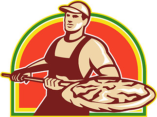 Image showing Baker Holding Peel With Pizza Pie Retro