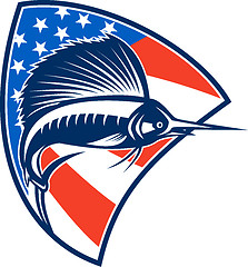 Image showing Sailfish Fish Jumping American Flag Shield Retro