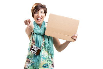 Image showing Woman with a vintage camera and a cardboard