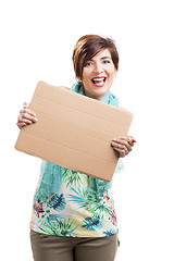 Image showing Beautiful woman with a cardboard