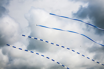 Image showing Long blue white kites on sky