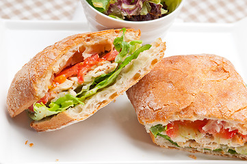 Image showing ciabatta panini sandwich with chicken and tomato