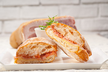 Image showing ciabatta panini sandwich with parma ham and tomato