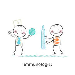Image showing immunologist gives a pill to a patient with thermometer