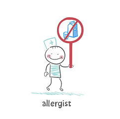 Image showing Allergist holds a sign prohibiting milk