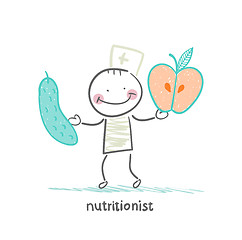 Image showing nutritionist holding cucumber and apple