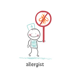 Image showing Allergist holds a sign prohibiting insects