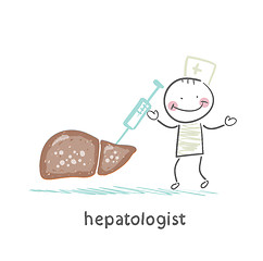 Image showing hepatologist makes a shot diseased liver