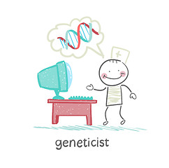 Image showing geneticist  at the computer thinks about the genes