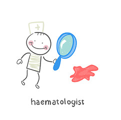 Image showing haematologist looking through a magnifying glass on the blood