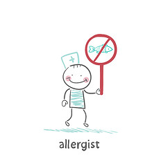 Image showing Allergist holds a sign prohibiting fish