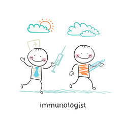 Image showing immunologist runs with a syringe for a patient with thermometer