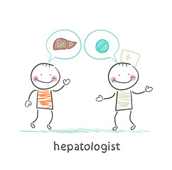 Image showing hepatologist says with a patient on the liver and tablets