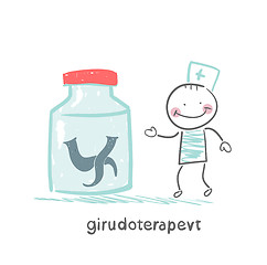 Image showing girudoterapevt stands next to a jar of leeches