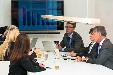 Image showing Mixed group in business meeting seen through glass door